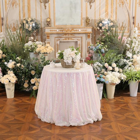 PartyDelight Sequin Tablecloth Round 70" Iridescent White Sparkle Rectangle Table Cloth for Wedding Birthday Party Sequin Overlay Table Decoration