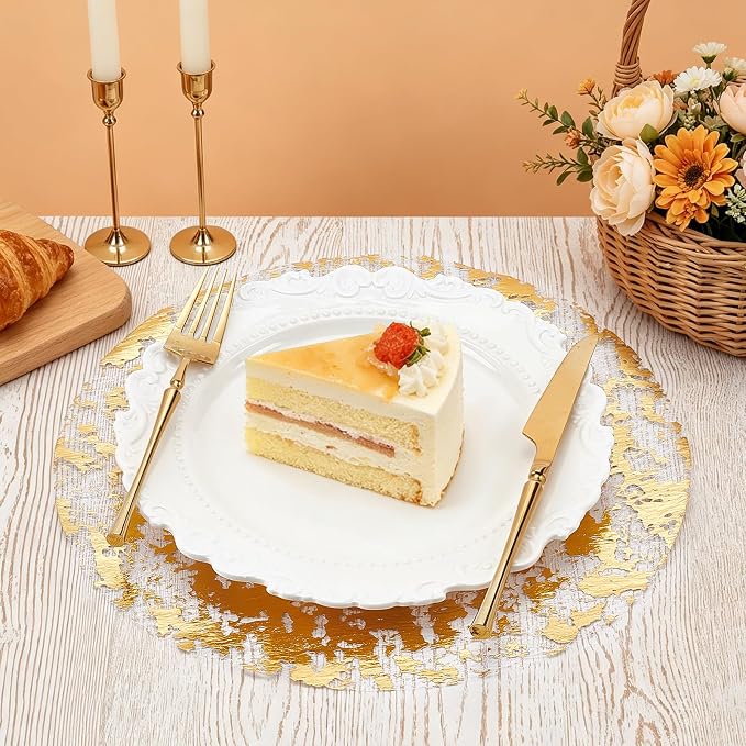 150PCS Disposable Gold Placemats Set, 13 Inch Gold Foil Table Mats Bulk, Metallic Mesh Pressed Round Doilies for Tables, Paper Placemats for Wedding Birthday Dining Party Table Home Decor