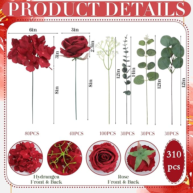 Suncalla 310 Pcs Baby's Breath Artificial Rose Bulk DIY Bouquet Bulk Hydrangea Artificial Flowers Wedding Bouquets Floral Arrangement for Wedding Centerpieces Decor(Wine Red)