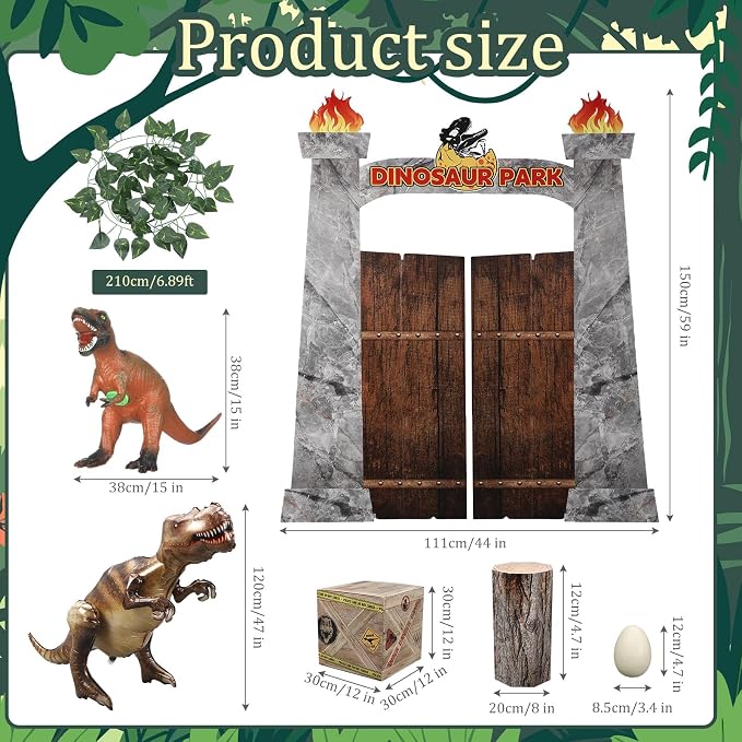 Ctosree 9 Pcs Dinosaur Party Decorations Set 59'' Cardboard Dinosaur Gate 47'' Inflatable Dino, 3D Dino, 12'' Box, Wooden Stake, Egg and Pothos Leaves for Birthday Party Supplies