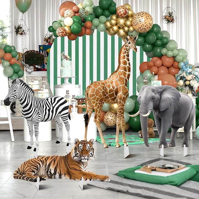 4 Pcs Safari Birthday Decoration Jungle Animal Cardboard Cutout Standup Life Size Safari Baby Shower Decorations Elephant Tiger Giraffe Zebra Cardboard Cutout for Photo Backdrop Party Favors