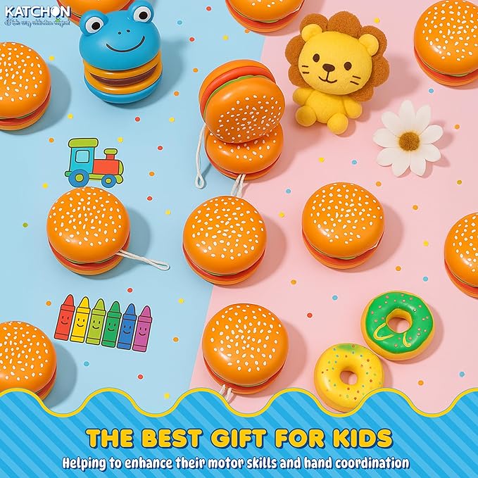 KatchOn, Hamburger Yoyo Toys for Kids - Pack of 24 | Plastic Burger Yo-yos, Yoyo Bulk, Halloween Party Favors for Kids 8-12, Classroom Prizes, Pinata Return Gifts | Thanksgiving Goodie Bags Stuffers