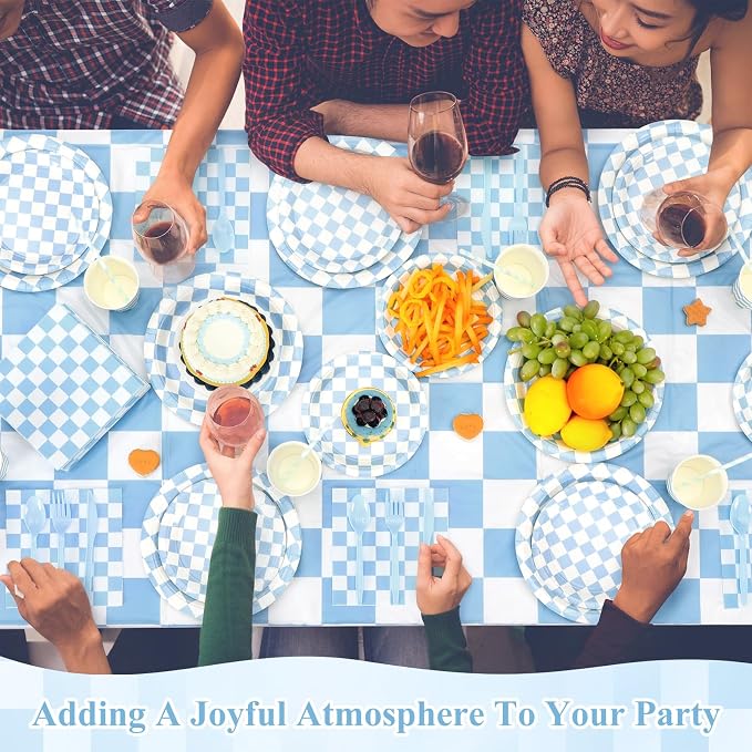 Funnymoom 452 Pcs Light Blue and White Gingham Party Supplies for 50, Blue Checkered Gingham Paper Plates Napkins Cups Tablecloth Cutlery Straws for Baby Shower Picnic Camping Birthday Decoration