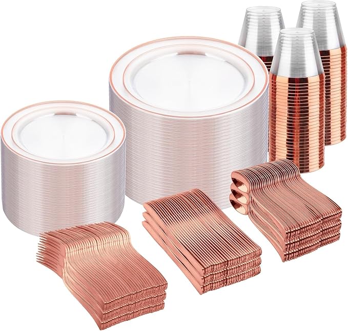 bUCLA 600PCS Clear Rose Gold Plastic Dinnerware Set Disposable - Include 100 Dinner Plates, 100 Dessert Plates, 100 Knives, 100 Forks, 100 Spoons, 100 Cups for Party & Wedding