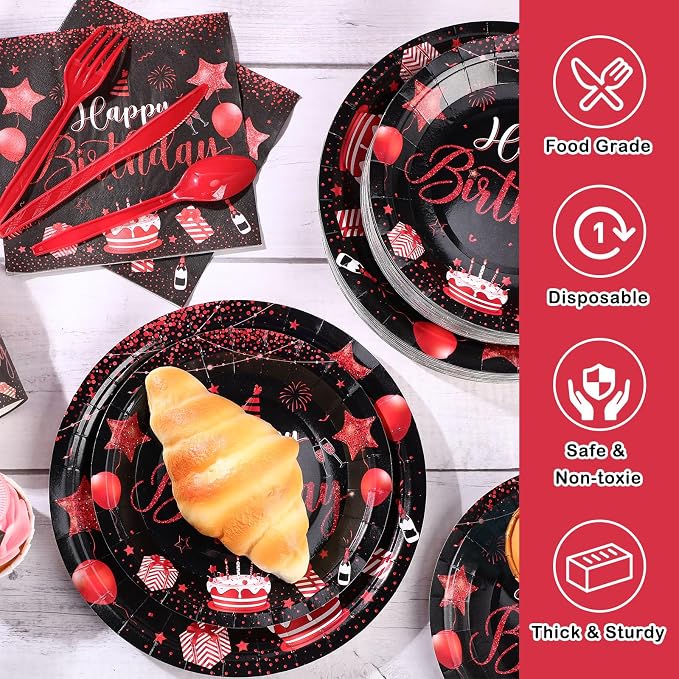 Vesici 350 Pcs Happy Birthday Party Supplies Disposable Party Tableware Set Serves 50 Included Plates Napkins Cups Cutlery for Men Woman 50th 80th Birthday Party Decorations (Black Red)