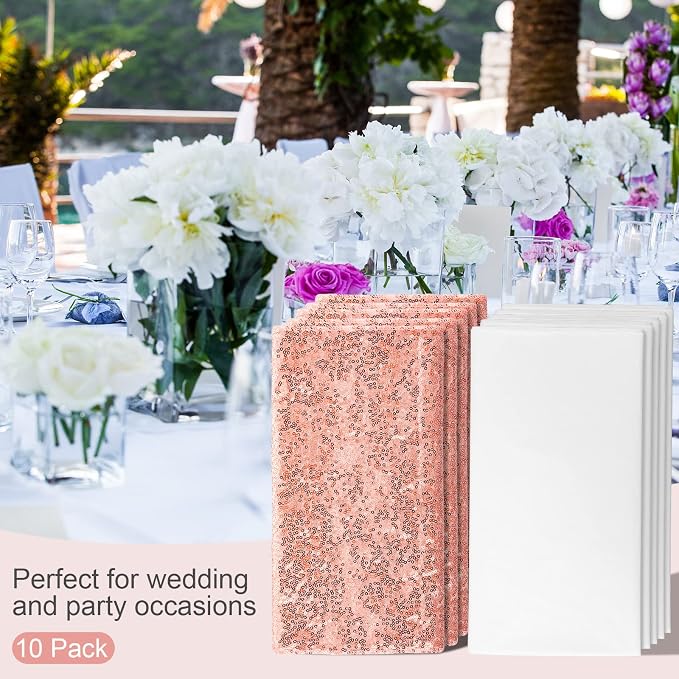 Shimeyao 10 Pcs Rose Gold Table Runner and Tablecloth White Rectangle 54 x 108 Inch Table Cover Sequin 12 x 108 Inch Runners Disposable Plastic Tablecloth for Wedding Baby Shower Birthday