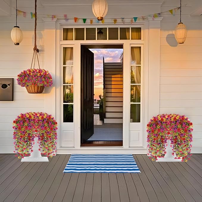 4PCS Artificial Hanging Flowers for Outdoors Summer Decoration, Upgrade UV Resistant Faux Silk Hanging Plants for Outside Home Planter Porch Patio Decor (Multicolour)