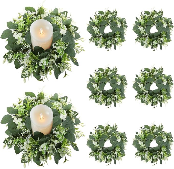 8 Pack Eucalyptus Candle Rings, Artificial Greenery Candle Wreath, Floral Candle Rings for Pillar Candles, Table Centerpieces for Party Event, 9.84 Inch Small Greenery Rings for Wedding, Home