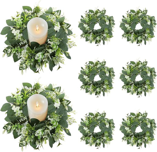 8 Pack Eucalyptus Candle Rings, Artificial Greenery Candle Wreath, Floral Candle Rings for Pillar Candles, Table Centerpieces for Party Event, 9.84 Inch Small Greenery Rings for Wedding, Home