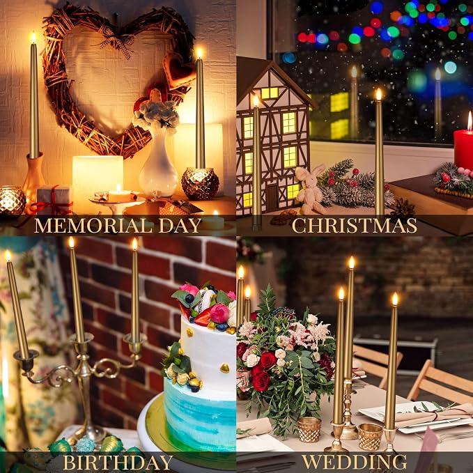 Macarrie 24 Packs Flameless Taper Candles Battery Operated Fake 11 Inch Long Candlelight LED Flameless Candlesticks Flickering Tapered for Summer Fall Wedding(Gold)