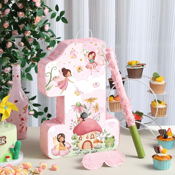 Blosssound Fairy Piñata Fairy 1st Birthday Decorations Supplies Flower Number One Princess Piñata Set with Stick Blindfold for Wonderland Garden Theme Baby Shower Celebration Decor(Birthday)