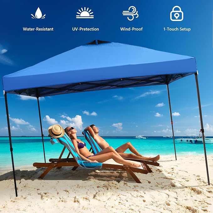 GDY 10x10 Pop Up Canopy Tent with 4 Sidewalls, Easy Set up with One Push Lift Outdoor Silver Coated Beach Gazebos, Carpas with 4 Sandbags, for Events, Parties, and Camping, Blue.