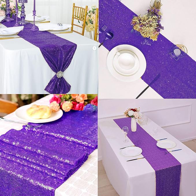 12 Packs 12 X 108 Inch Purple Sequin Table Runner Glitter Dining Table Runner for Birthday Wedding Engagement Bridal Baby Shower Bachelorette Holiday Celebration Party Supplies Decorations (Purple)