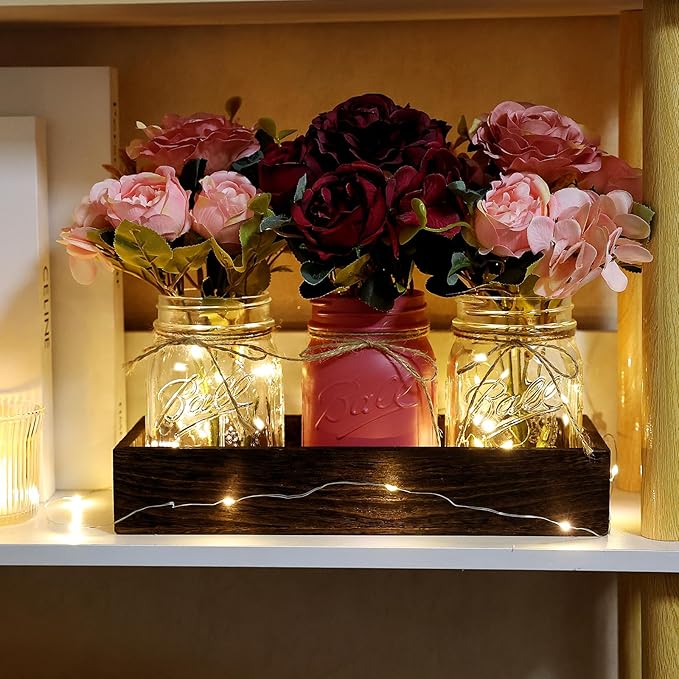 Mason Jar Centerpiece for Table Kitchen Dining Room Decor with Light | 3 Piece Farmhouse Coffee Table Decor with Fake Flowers Wood Tray for Living Dining Room Bathroom Wedding Outdoor Decoration