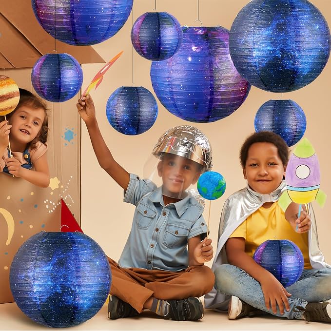 10 Pieces Galaxy Print Paper Lanterns Chinese Japanese Space Themed Hanging Paper Lanterns Galaxy Themed Party Supplies Ceiling Decor for Home Birthday Party Decor(12 Inch/ 6 Inch)