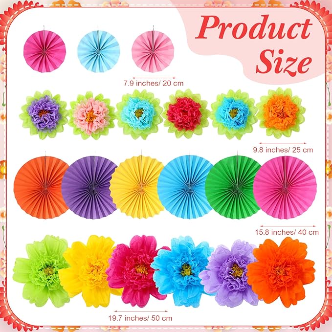Kosiz 21 Pcs Colorful Paper Flower Decorations for Wall Paper Fans Tissue Floral Hanging Decorations for Spring Summer Birthday Wedding Mexican Fiesta Mother's Day Baby Shower Party Classroom Home