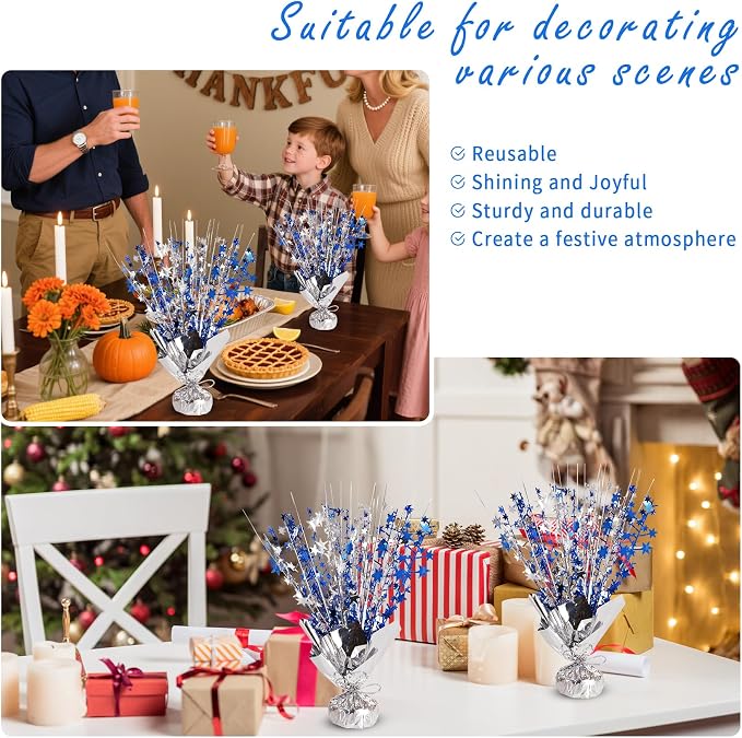 Metallic Star Spray Centerpieces 8 pack for Tables - Bulk 12.4" Foil Fountain Table Decorations for Large Events, Graduation 2026, Wedding Reception (Silver Blue Blend)
