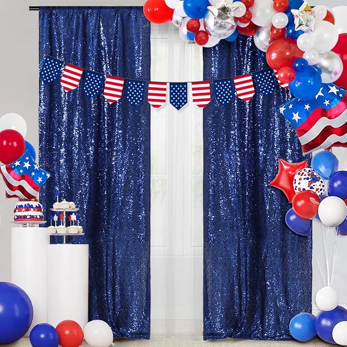 PartyDelight Navy Blue Sequin Backdrop Curtains 2x8ft 2 Panels | 3mm stitched sequin curtain with 4 inch rod pocket for 2x8ft 2 panel doorway window side drape narrow photo booth strip