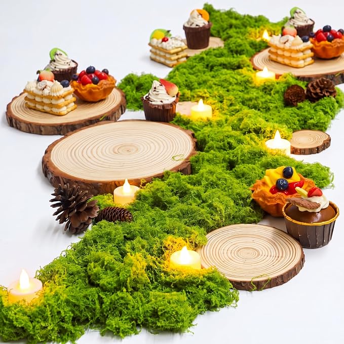 Nuanchu 11 Pack Wood Table Centerpieces with Rustic Wood Slices and Artificial Fake Green Moss for Wooden Fairy Wedding Woodland Table Decor Ideal DIY Crafts (7.9-9.1'')