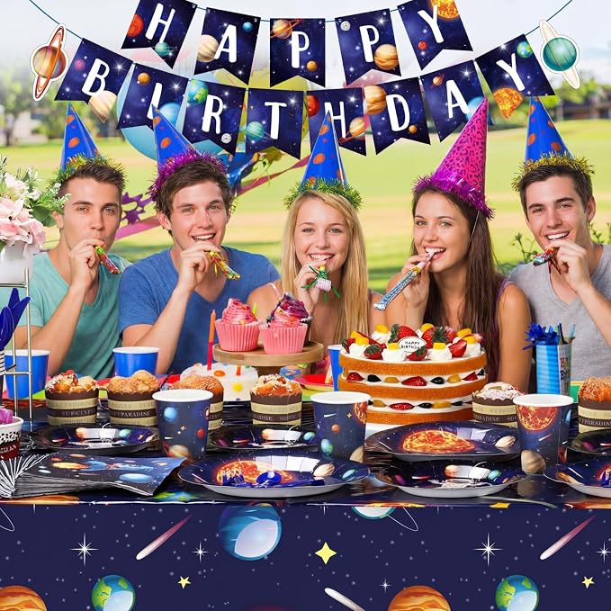 Outer Space Birthday Party Supplies Serve 24 Space Party Tableware Set, Happy Birthday Banner Solar System Tablecloth Paper Plates Cups Napkins Knives Forks Spoons for Solar Theme Activities Decor