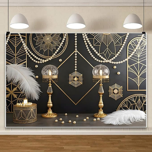 AOFOTO 6x4ft Great Black and Gold Theme Birthday Photography Backdrop Pearls Feather Room Wall Art Decor Roaring 20s Retro Background Party Supplies Kids Adults Portrait Decoration Banner Props