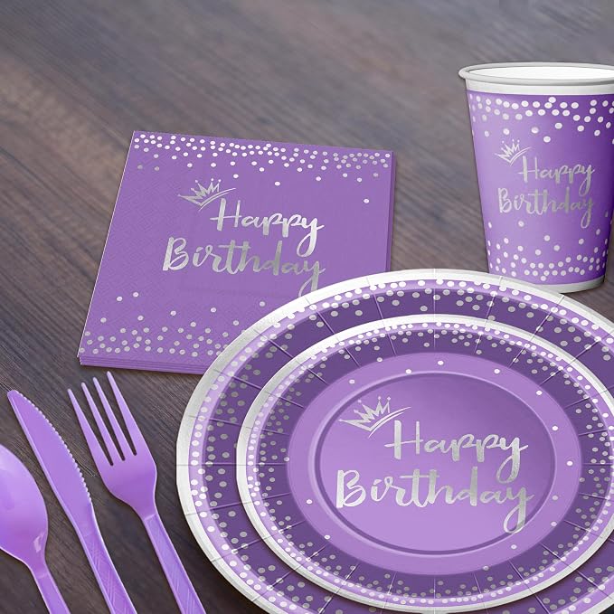 168 Pieces Purple Silver Birthday Plates and cups and Napkins Party Supplies Set,Disposable Spoons Knifes Forks Birthday Favors Set,Serves 24
