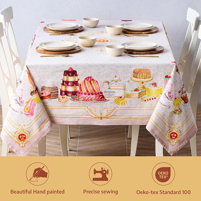 Maison d' Hermine Premium Table Cloth Rectangle Table 100% Combed Cotton 140 x 70 Inches Tablecloth Reusable Decorative for Dining Room, Farmhouse, Home, Party, Festive & Wedding - Pastries