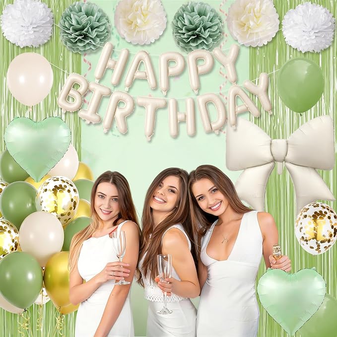 Sage Green Bow Birthday Decorations, Happy Birthday Balloon Banner with Bow and Heart Foil Balloons Fringe Curtain Tissue Paper Pompoms Garland Party Supplies for Women Girls Boys
