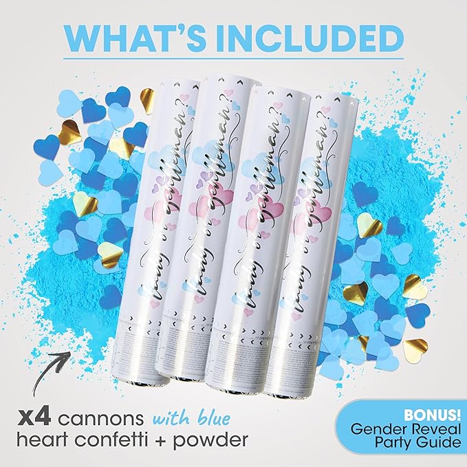 PrimePure Gender Reveal Confetti Cannon - Biodegradable Powder & Heart Shaped Confetti Poppers - Blue, 4 Pack - Baby Boy Gender Reveal Smoke Bombs - Powder Cannon Party Poppers Blue Party Supplies