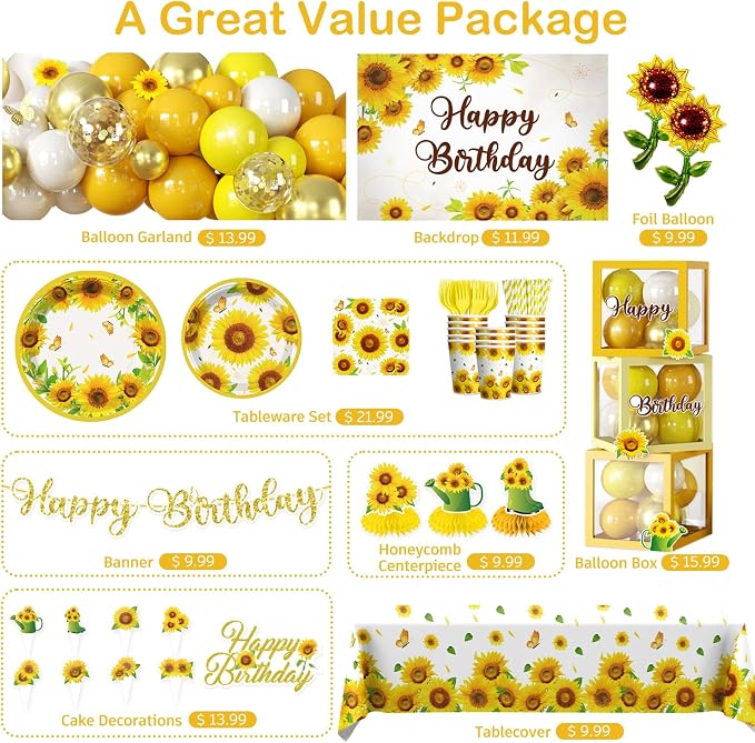 297pcs Sunflower Birthday Decorations-Serves 25, All-in-one Sunflower Party Decorations with 350gsm Plate, Backdrop, Tablecloth, Banner, Balloon, Balloon Box, Centerpiece, Cake Topper, Etc
