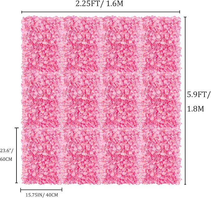 BLOSMON Flower Wall Panel Backdrop - 12 Pcs 24 x 16 Inch Pink Artificial Hydrangea Floral Backdrop for Wedding Party Baby Bridal Shower Decor, Hanging Fake Silk Flower Backdrop Decoration
