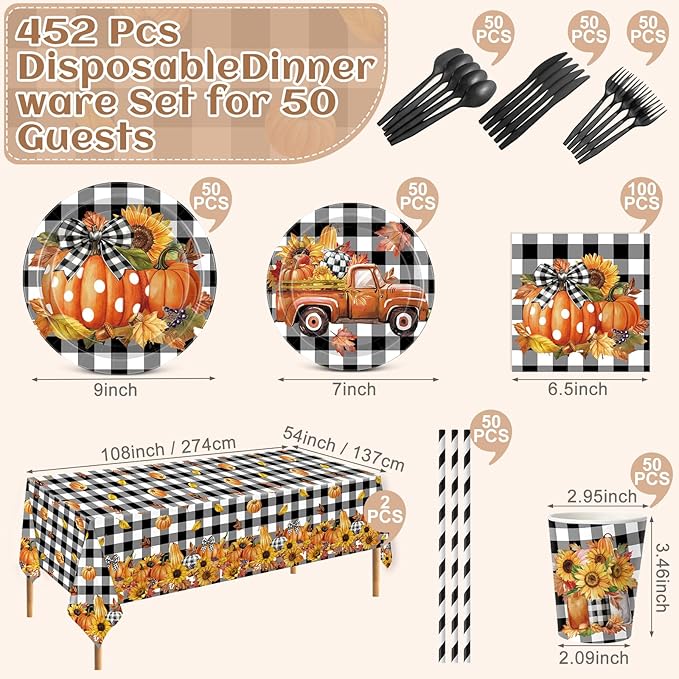 Funnymoom 452 Pcs Fall Thanksgiving Party Decorations, Black White Buffalo Plaid and Orange Pumpkin Maple Leaves Paper Plates Napkins Cups Tablecloth Cutlery Straws for Autumn Harvest Party Supplies