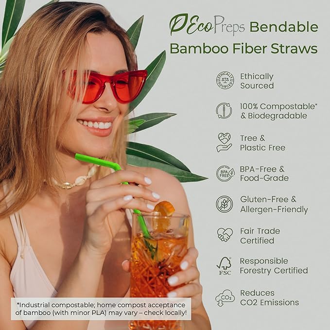 EcoPreps Colorful Biodegradable Flexible Drinking Straws | Bendable 150 Count, 100% Compostable, Plastic-Free, Eco-Friendly Straws for Cold Drinks | 7.8'' Multi-Color Bamboo Fiber Disposable Straw Set