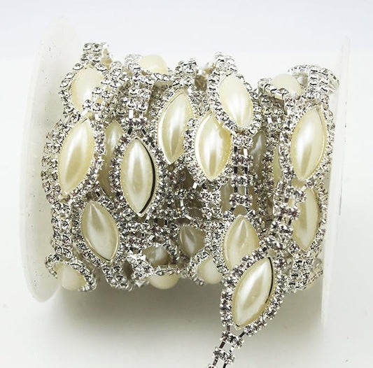 1 Yard 2 Rows Oval Stunning Rhinestone Pearl Chain Applique Costume Sewing Trims Applique Embellishment Wedding Dress Decoration (LZ214)