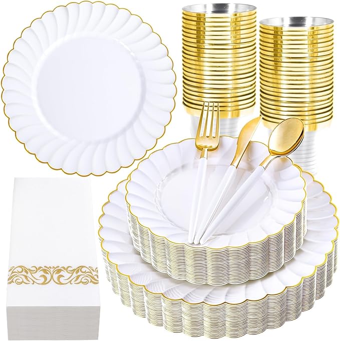 Ciaell 175 PCS White Scalloped Plastic Plates with Gold Trim - Gold Plastic Silverware with Handle - Fancy High-End Dinnerware Sets for Wedding & Party(25 Guests)
