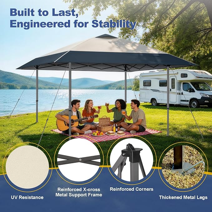 Explore Land 13x13 Pop Up Canopy with One Push Setup Heavy Duty Outdoor Sun Shade Tent for Beach,Camping,Events,Parties(Beige & Navy)