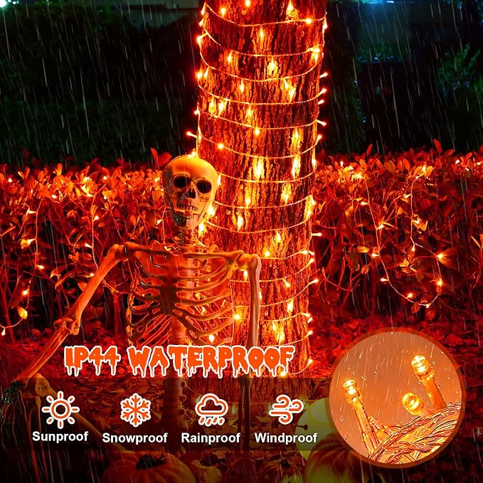 YEGUO Thanksgiving Lights Battery Operated, 2 Pack Each 33ft 100 LED Orange String Lights Outdoor Waterproof, Clear Wire Fairy Christmas Light Indoor with Remote