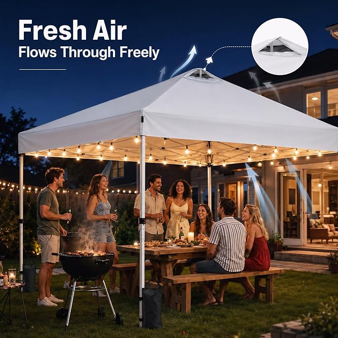 10x10 Pop Up Canopy Tent, Waterproof UV Blocking Heavy Duty Steel Frame with Wheeled Bag & Sandbags, One-Person Setup, Ideal for Outdoor Beach, Party, Camping, Backyard, Tailgate Events (White)