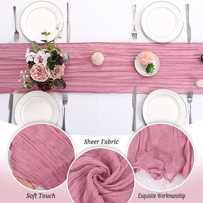 24 Pack Dusty Rose Cheesecloth Table Runner 120 inch Fall Thanksgiving Boho Rustic Gauze Farmhouse 10FT Cheese Cloth Runner for Baby Shower Wedding Party Holiday Home Decor
