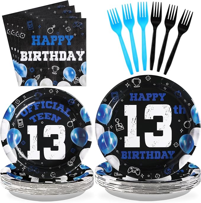 Grencian 96Pcs 13th Birthday Decorations for Boys Blue Black 13th Birthday Party Plates Disposable Official Teen 13 Tableware for Teen Boys Girls Happy 13 Year Old Party, Serves 24