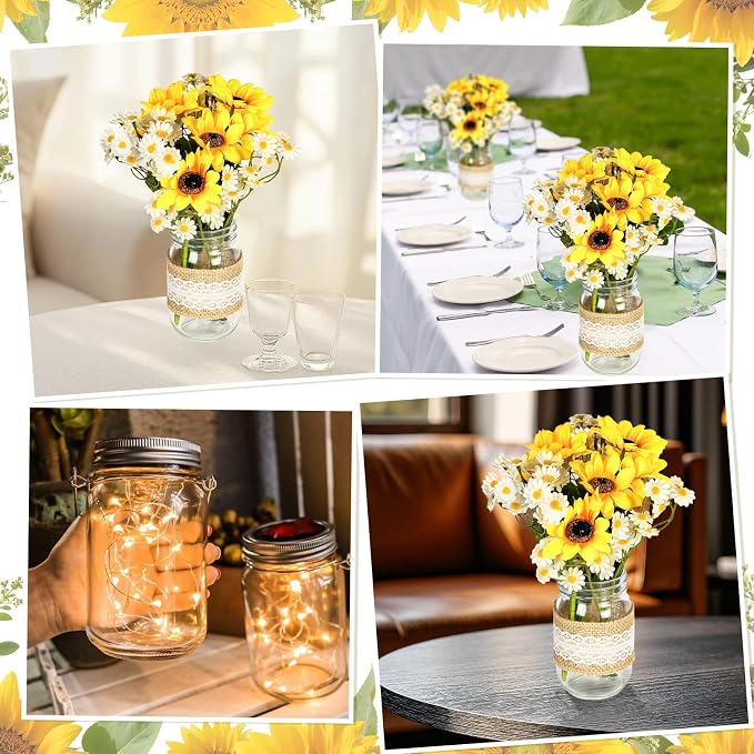 Cinrobiye 6 Sets Sunflower Mason Jar Table Centerpiece Faux Floral with Rope Boho Rustic Flower Mason Jar Vases Reception with Accessories for Engagement Party Bridal Baby Shower Wedding Table Decor