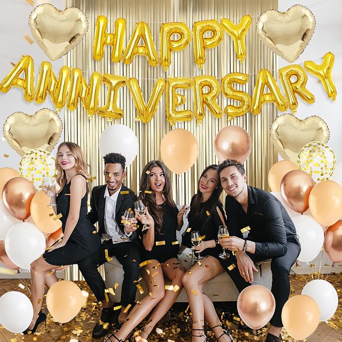 Anniversary Decorations Gold Sand White,Happy Anniversary Balloon Banner with Heart Foil Balloons Fringe Curtain for Wedding Party Valentine's Day Romantic Night
