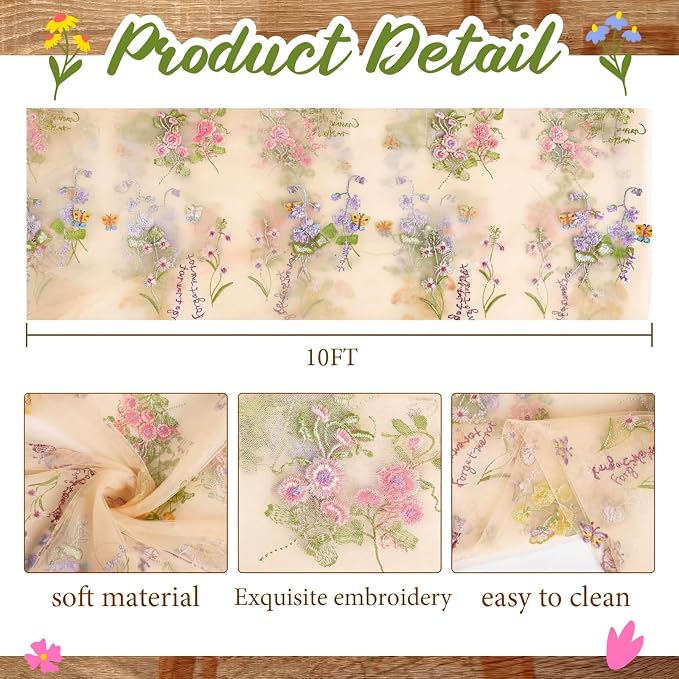 Champagne Floral Table Runner 10ft Embroidery Tulle Spring Wildflower Table Runner Seasonal Summer Butterfly Kitchen Dining Gauze Decoration for Wedding Baby Shower Birthday Party (1 Pcs)