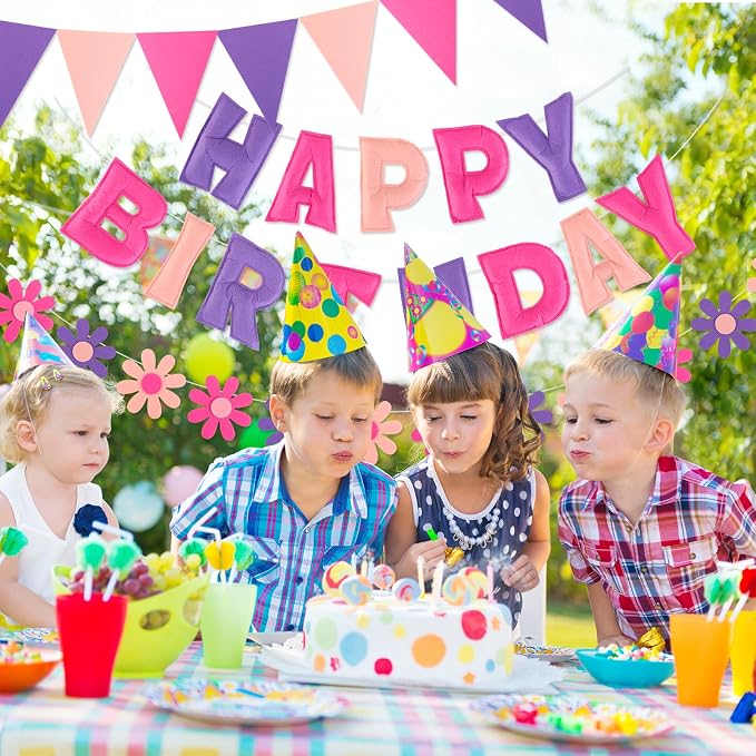 YEOCU Happy Birthday Decorations, No DIY, Pre-Strung 3D Banner | Pink&Purple, 3D felt banner, flower garland & flags. No DIY, reusable for kids & women.