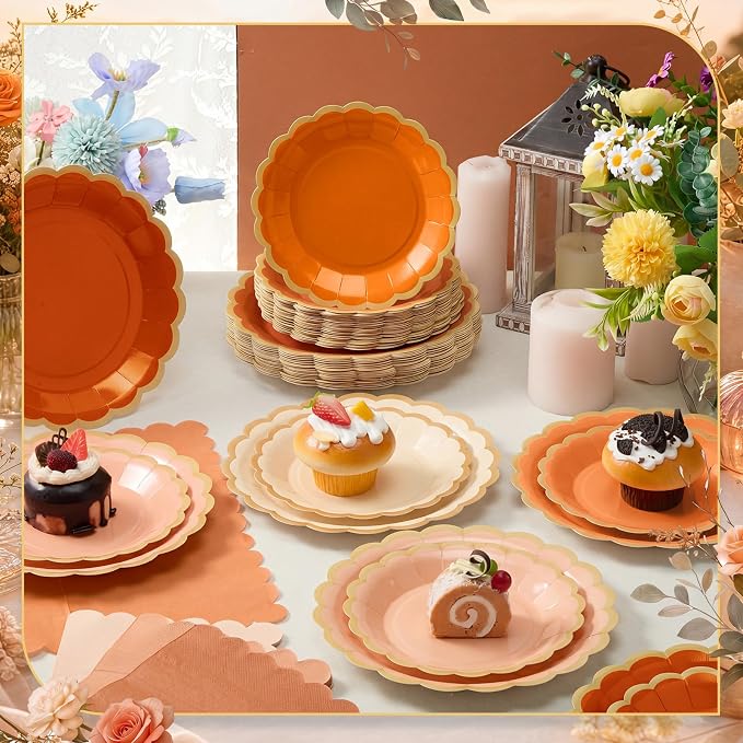 Zhehao 150 Pcs Fall Beige Orange Plates and Napkins Tableware Serves 50 Includes 9 Inch 7 Inch Beige and Orange Scalloped Wave Edges Paper Plate and Napkins for Wedding Birthday Baby Shower Party