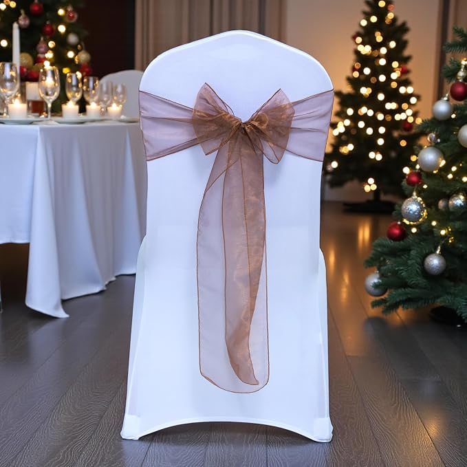 MDS® Pack of 125 Organza Chair Sashes for Wedding Decoration, Reusable Sheer Chair Bows for Banquet Chair Cover, Reception, Bridal Shower, Baby Shower, Birthday Party & Special Events - Coffee