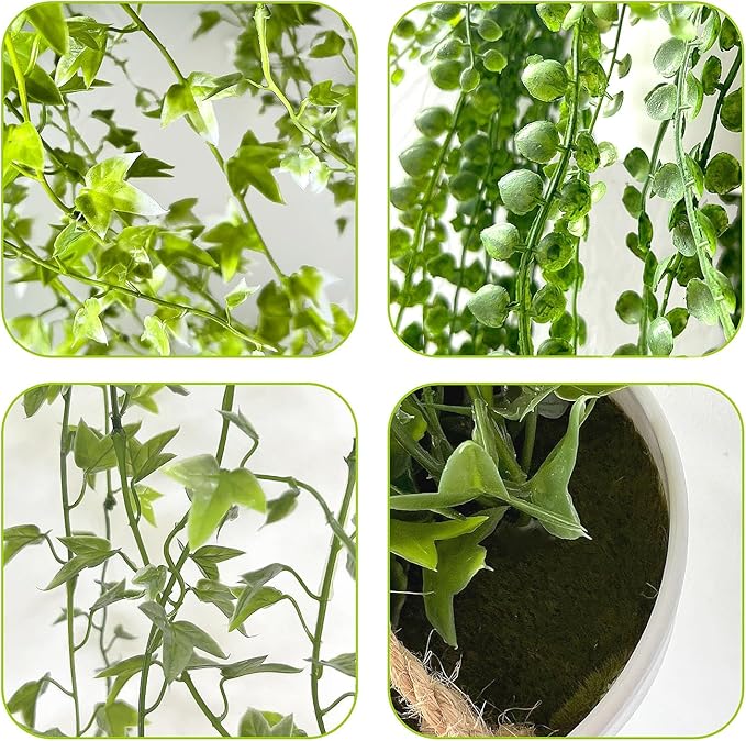 3 Packs 37" Fake Hanging Plants with White Pots for Wall Decor | Artificial Mandala Vine, Indoor/Outdoor Use, for Home Bathroom Bedroom Office Decor, Easy to Clean, Lifelike Appearance