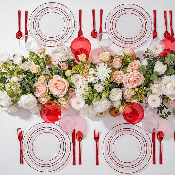 Ciaell 150 PCS Red Plastic Plates – Clear Hammered Disposable Plates with Red Rim include 50Plates, 25Forks, 25Knives, 25Spoons, 25Cups for Wedding & Party & Anniversary & Mother's Day