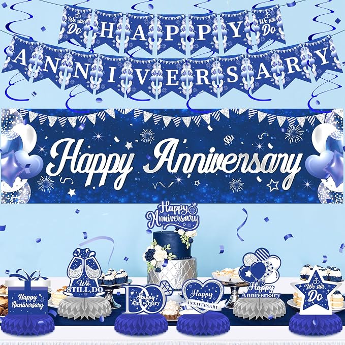 Blue Silver Wedding Anniversary Decorations Set Blue Happy Anniversary Banner Hanging Letter Banner Table Honeycomb Centerpieces Hanging Swirls Cake Topper for Men Women Wedding Anniversary Party