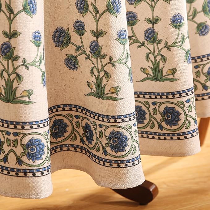 patdrea Vintage French Linen Tablecloth,Round,Diameter 67"-Ivar B | Elegant Table Cloth for Round Table,Blue and White Floral Patterned,Dining Room,Tea Party,Thanksgiving Decor